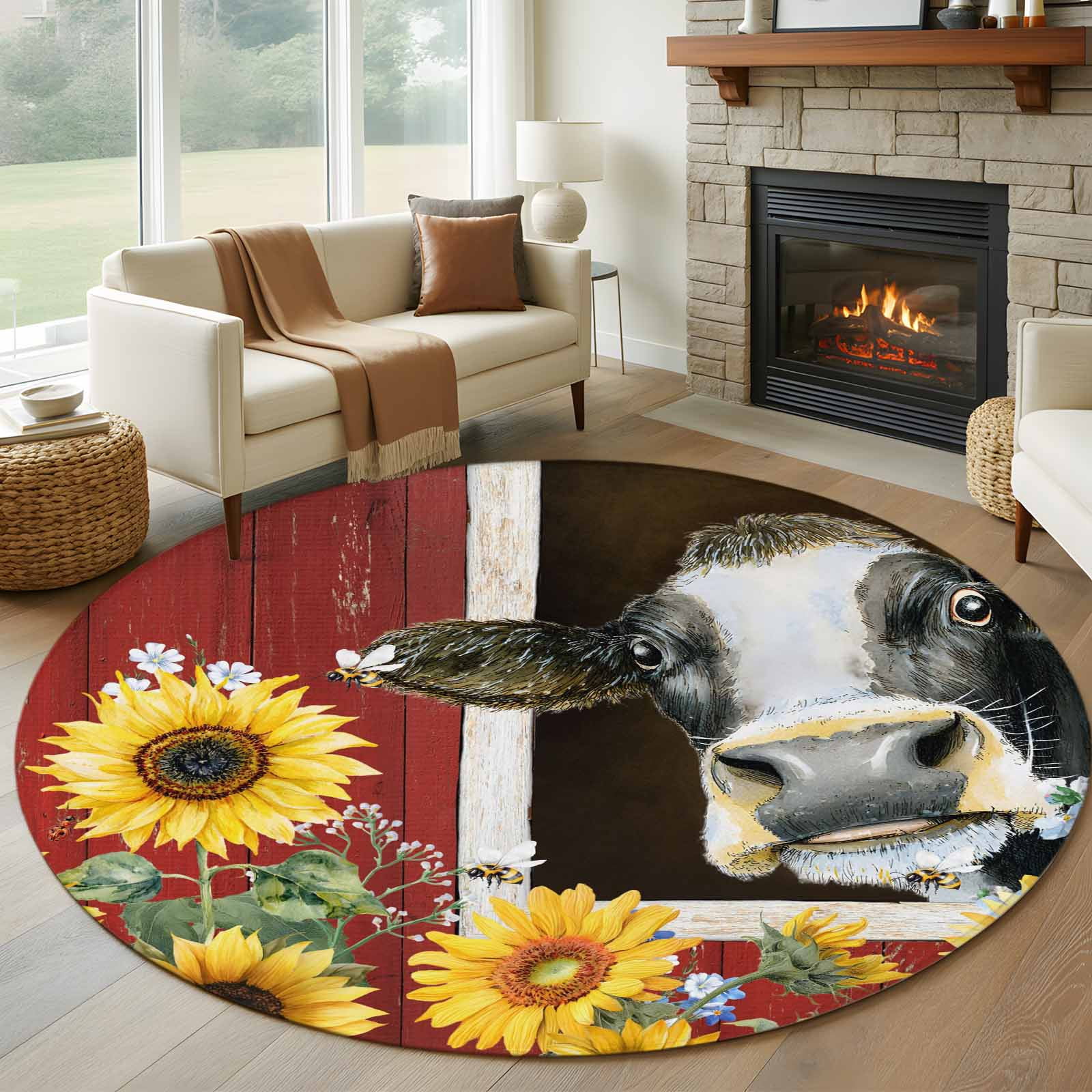 Cows Sunflowers Round Area Rug 6Ft Washable Circle Rugs for Bathroom ...
