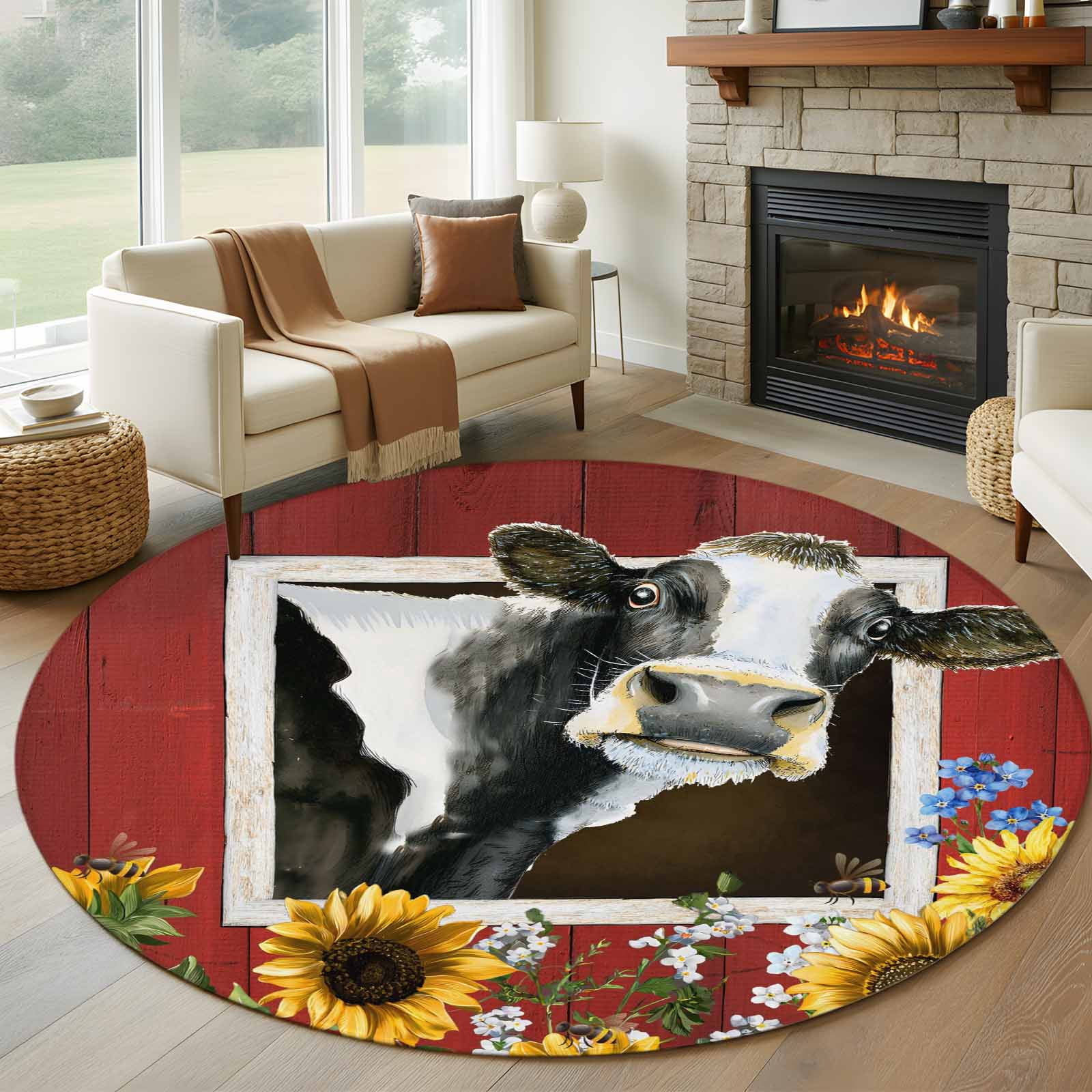 Cows Sunflowers Round Area Rug 6Ft Washable Circle Rugs for Bathroom ...