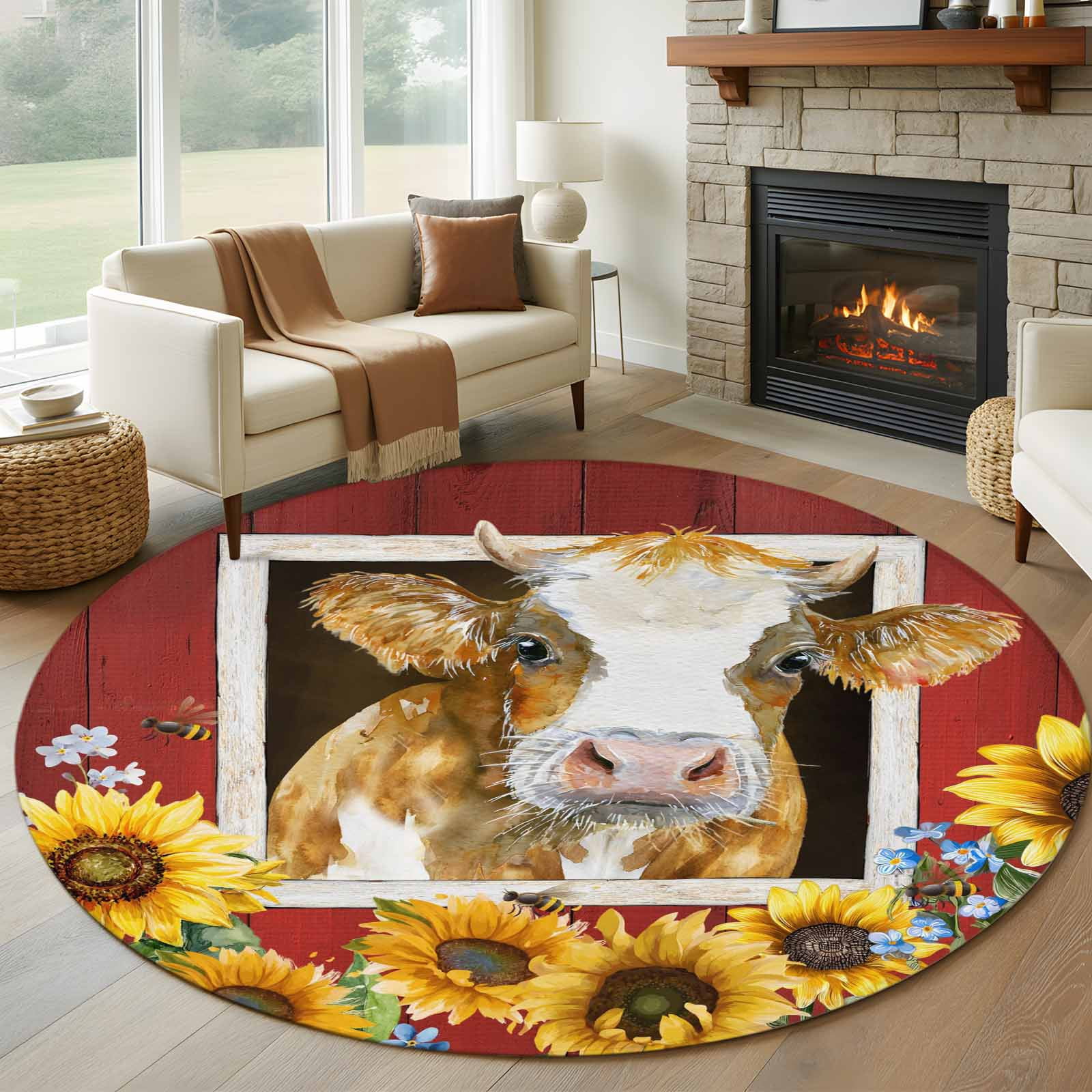 Cows Sunflowers Round Rug 5ft Washable Circle Kitchen Rugs Non Slip ...