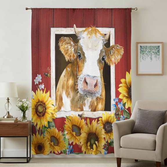 Cows Sunflowers Sheer Curtains 45 Inches Long, Spring Floral Bees Farmhouse Barn Light Filering Curtains, Breathable Simi Curtain Privacy Drapes for Kitchen Bathroom Small Window Treatment