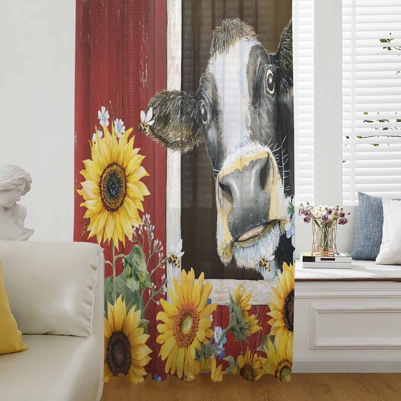 Cows Sunflowers Sheer Curtains 54 Inches Long for Living Room/Bedroom, Rustic Farms Barns Flowers Bees Animals Rod Pocket Voile Kitchen Curtains & Drapes Window Treatment 1 Panel, 52"W x 54"L