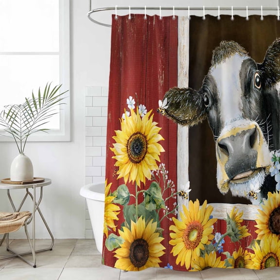 Cows Sunflowers Small Stall Shower Curtain, Waterproof Shower Curtains for Bathroom, Rustic Farms Barns Flowers Bees Animals Washable Fabric Bath Curtain for Bathtub with Hooks 36x72 Inches