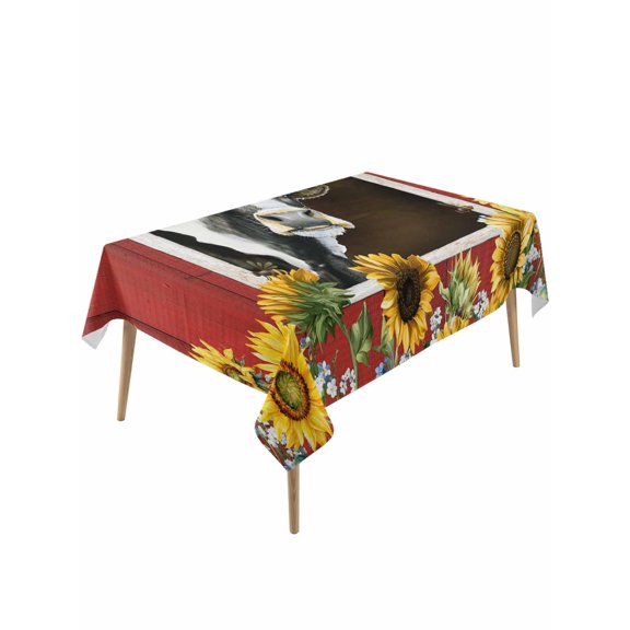 Cows Sunflowers Table Cloth, Waterproof Tablecloth for Rectangle Tables, Spring Botanical Floral Bees Red Barn Reusable Washable Fabric Table Cover for Restaurant Kitchen Dining Tables 60"x120"