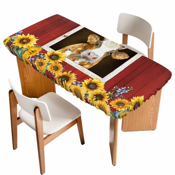 Cows Sunflowers Table Cloths for 3 Foot Rectangle Tables, Spring Floral Bees Farmhouse Barn Patio Waterproof Elastic Fitted Tablecloths, Washable Rectangular Table Cover for Camping