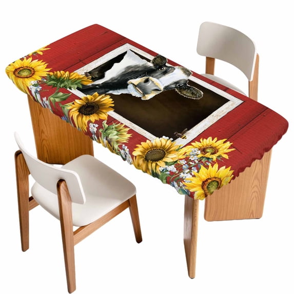 Cows Sunflowers Table Cloths for 4 Foot Rectangle Tables, Spring Botanical Floral Bees Red Barn Patio Waterproof Elastic Fitted Tablecloths, Washable Rectangular Table Cover for Camping