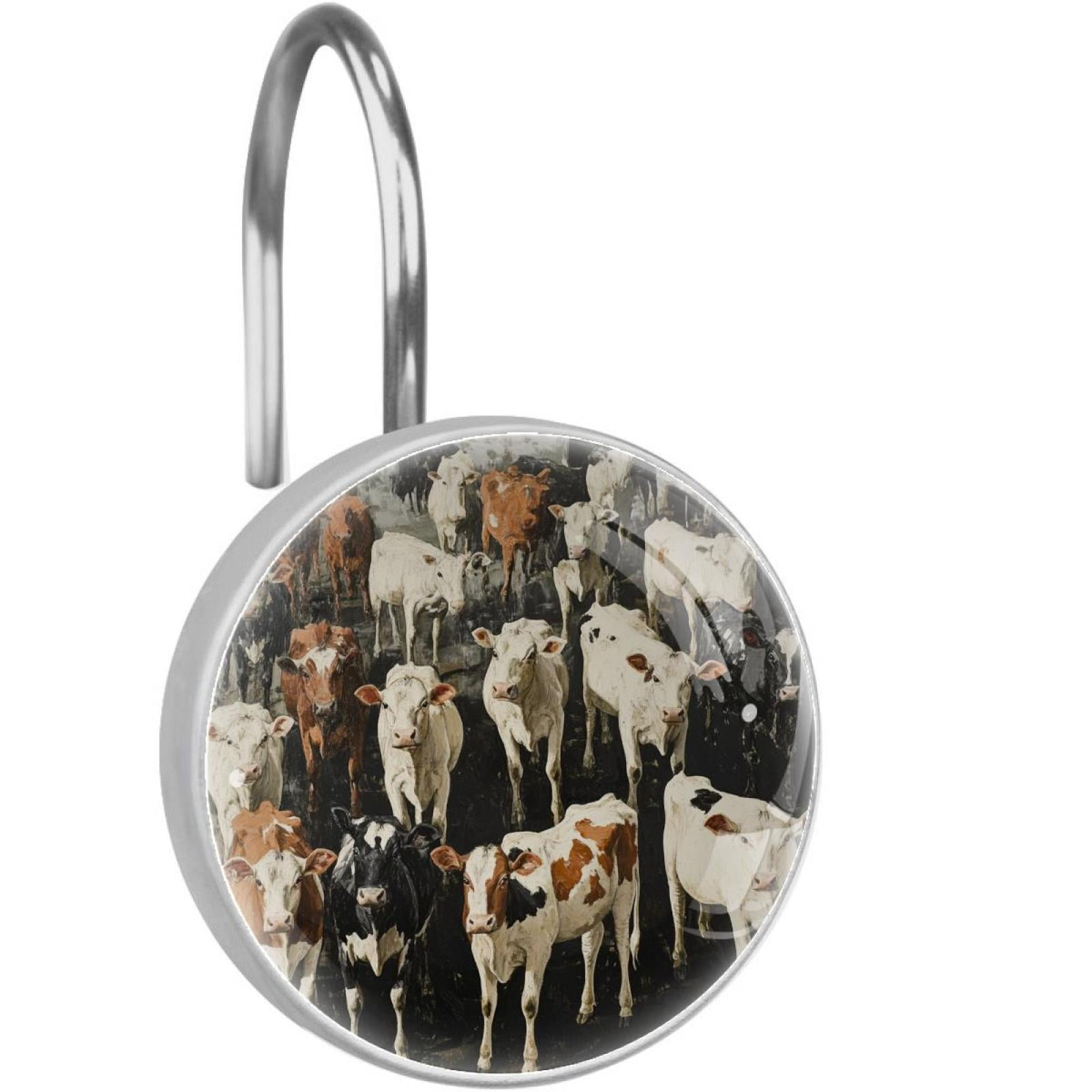 Cows and Cattles Farm Animal Shower Curtain Hooks Round Crystal Glass, Set of 12 Shower Curtain Rings - Shower Hooks for Curtain Shower Rings