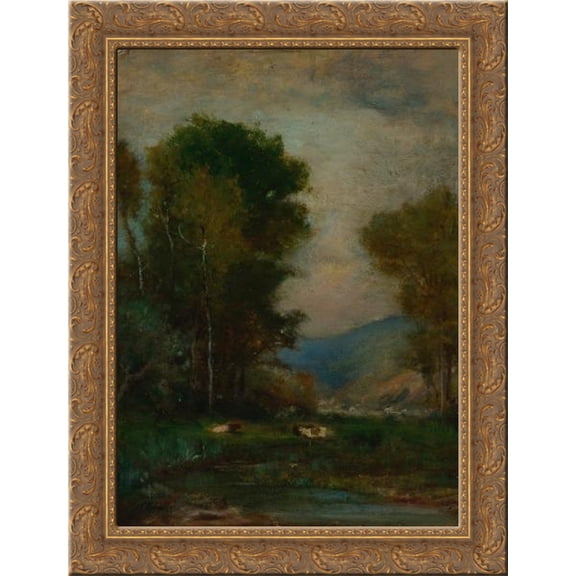 Cows by a Stream 24x18 Gold Ornate Wood Framed Canvas Art by George Inness