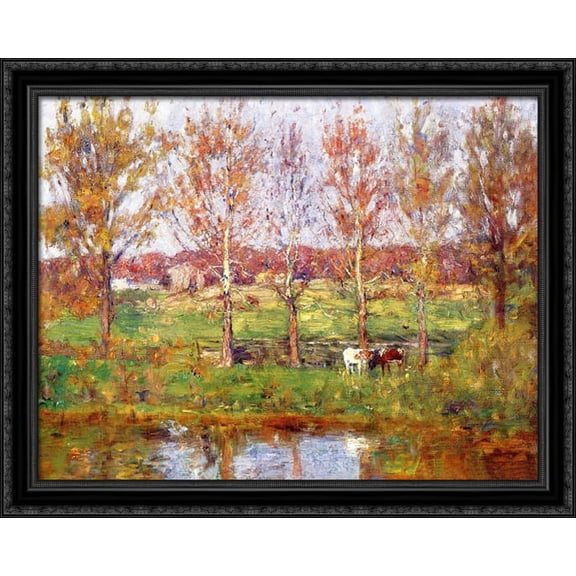 Cows by the Stream 36x28 Large Black Ornate Wood Framed Canvas Art by T. C. Steele