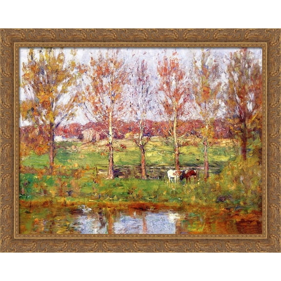 Cows by the Stream 36x28 Large Gold Ornate Wood Framed Canvas Art by T. C. Steele