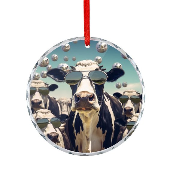 Cows in Sunglasses Christmas Ornament for Xmas Tree Animal Theme Glass Round Ornaments Keepsakes Gifts for Family Mom Dad Friends Loves