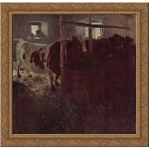 Cows in the barn 20x20 Gold Ornate Wood Framed Canvas Art by Gustav Klimt