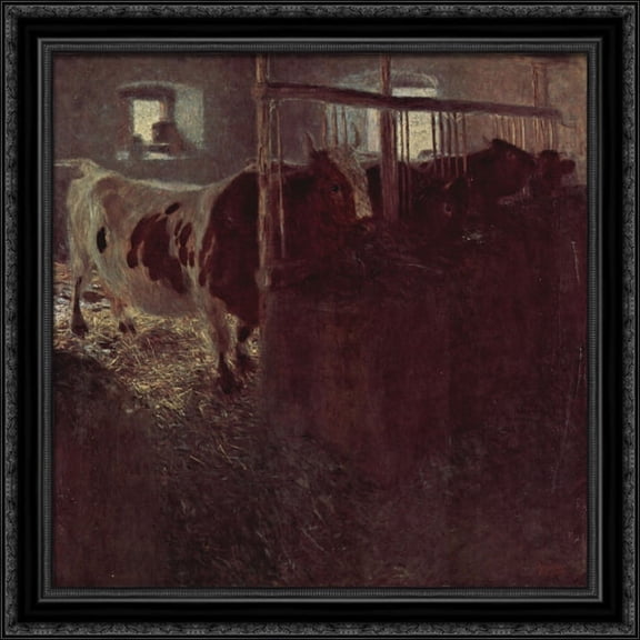 Cows in the barn 28x28 Large Black Ornate Wood Framed Canvas Art by Gustav Klimt