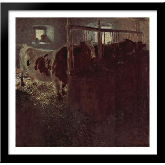 Cows in the barn 28x28 Large Black Wood Framed Print Art by Gustav Klimt