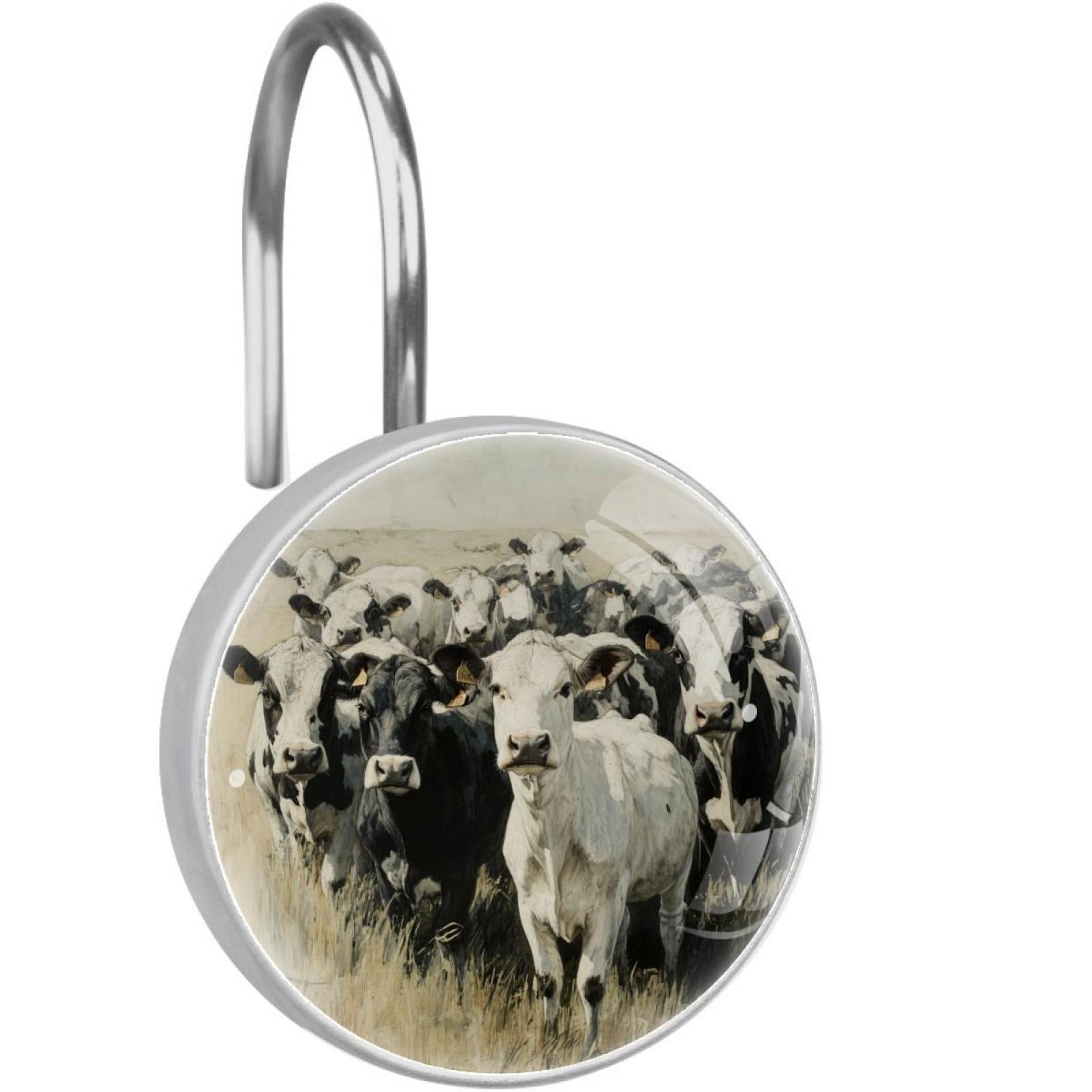 Cows on Farm Shower Curtain Hooks Round Crystal Glass, Set of 12 Shower Curtain Rings - Shower Hooks for Curtain Shower Rings