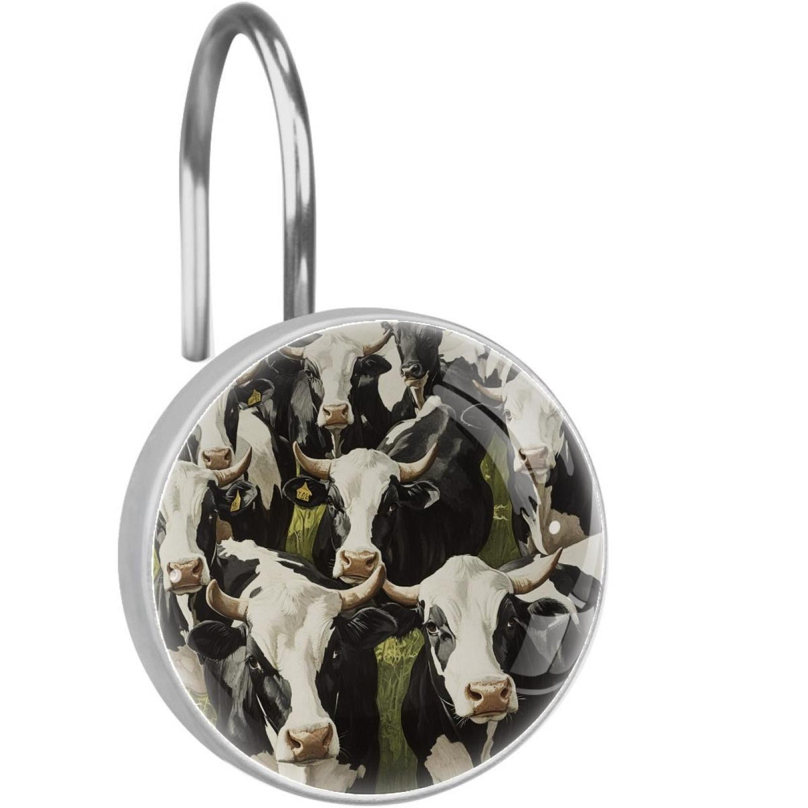 Cows on Farm Shower Curtain Hooks Round Crystal Glass, Set of 12 Shower Curtain Rings - Shower Hooks for Curtain Shower Rings