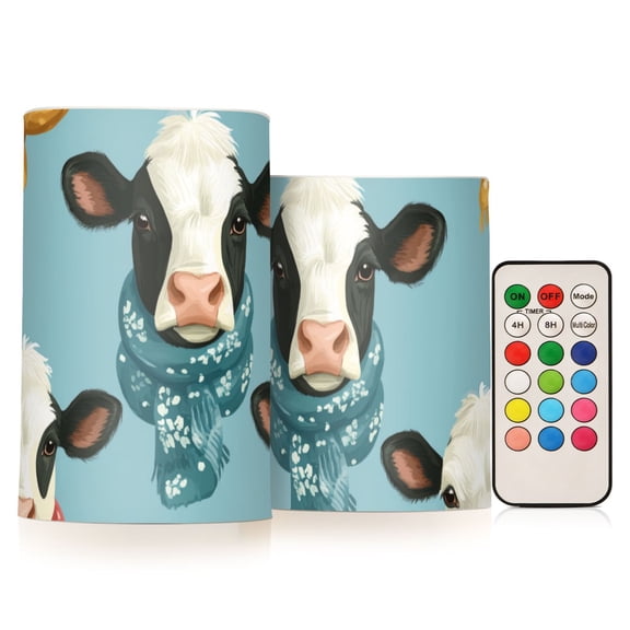 Cows with Scarfs Flickering Flameless Candles LED Tealight Battery Operated with Remote Set of 2 Holiday Decor Ornaments