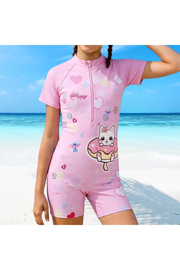 2-10 Years Girls One Piece Short Sleeve Swimsuit Cute Cat Cartoon Print UV Protection Stylish Swimwear for Beach Surfing and Pool