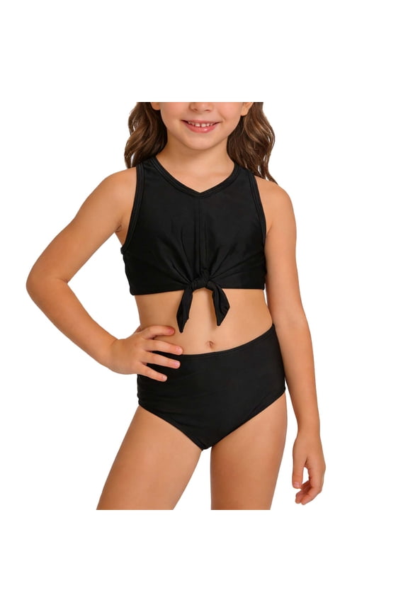 2-12Years Girls Two Piece Swimsuit Set Nylon Fabric Solid Color Stylish Cut UV Protection Quick Dry Swimwear for Summer Beach
