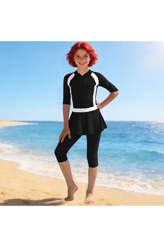 2-13 Years Girls Hawaiian Color Block Three Piece Swimsuit Set One Piece Swimsuit Swim Skirt and Swim Cap Modest UV Protection Swimwear