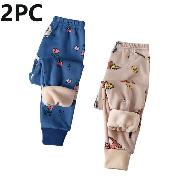 Cowsor 2PC Cartoon Pattern Sweatpant Kids Fleece Leggings Thick Thermal Pants Elastic Waist Trouser Jogger Pants for Boy Girl