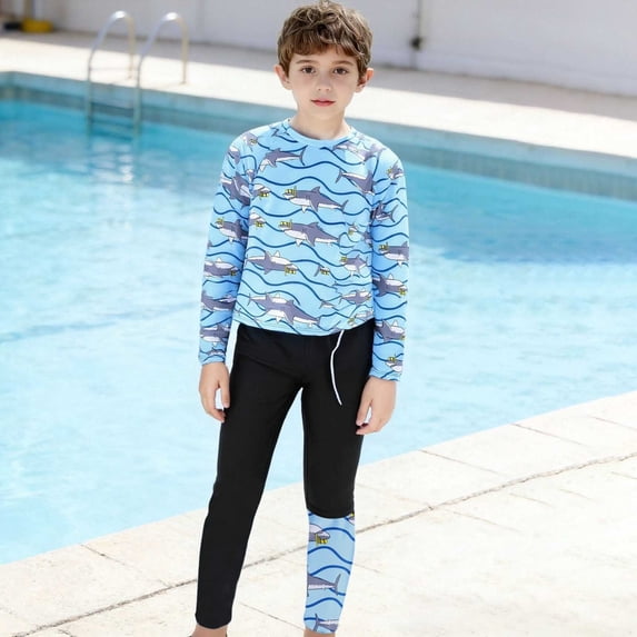 Cowsor 3-14 Years Boys Two Piece Swimsuit Set Long Sleeve UV Protection Rash Guard Quick Dry Swimwear for Diving Surfing Beach and Pool