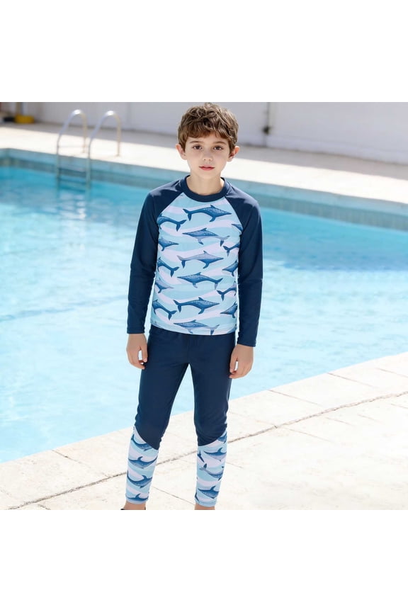 3-14 Years Boys Two Piece Swimsuit Set Long Sleeve UV Protection Rash Guard Quick Dry Swimwear for Diving Surfing Beach and Pool