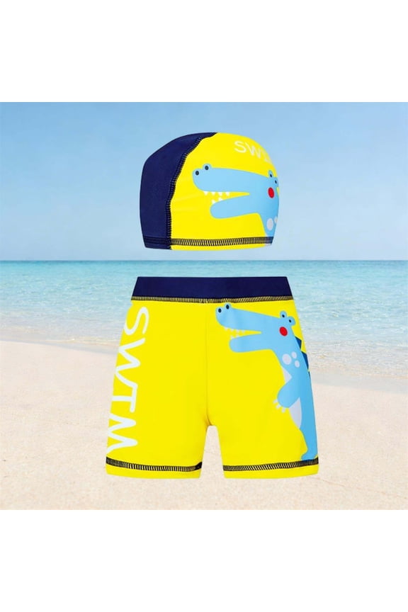 3-14Y Kids Crocodile Print Elastic Waist Swim Trunks Boys Sporty Short Length Boxer Brief with Swim Cap Set UV Protection Quick Dry Swimwear
