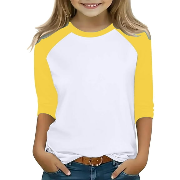 Cowsor 3/4 Length Sleeve Girls Shirts Crew Neck Color Block Blouses Half Sleeve Tops Kids Outfits
