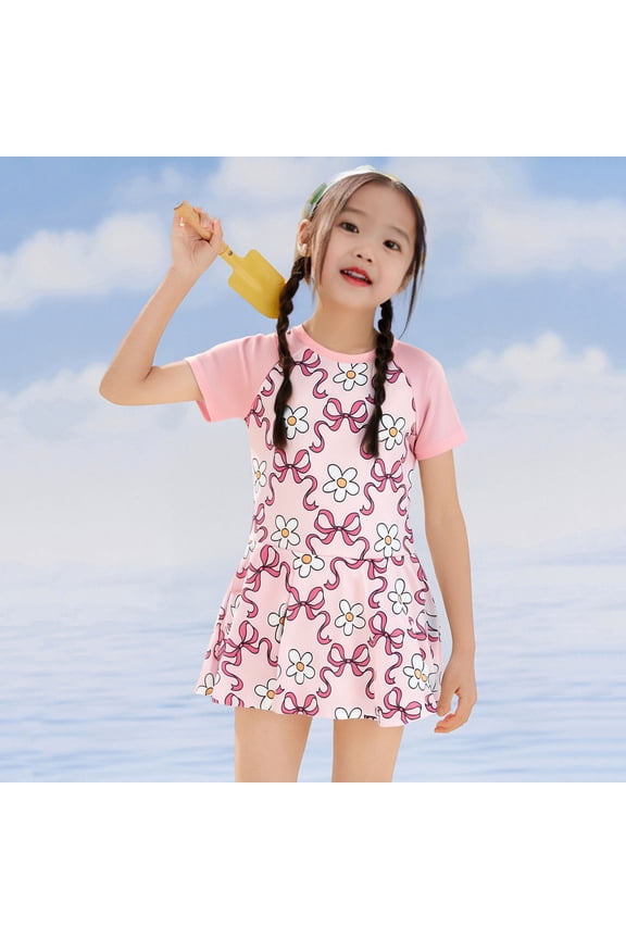 3-7Years Little Girls One Piece Swimsuit Cute Bow Print Short Sleeve Swim Dress Style UV Protection Comfortable Swimwear for Summer Beach