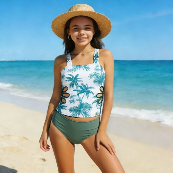 Cowsor 4-13 Years Girls Printed Two Piece Tankini Swimsuit Set Cutout Design Cute Modest Swimwear for Kids Summer Beach Pool and Water Activities