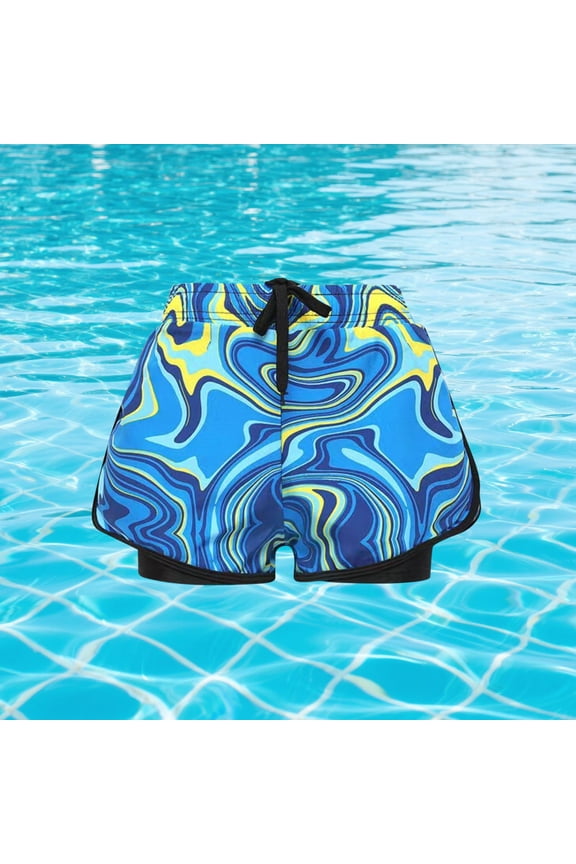 4-9Years Big Boys Swim Trunks Double Layer Lightweight Breathable Anti-Embarrassment Professional Stripe Swimwear for Pool Beach