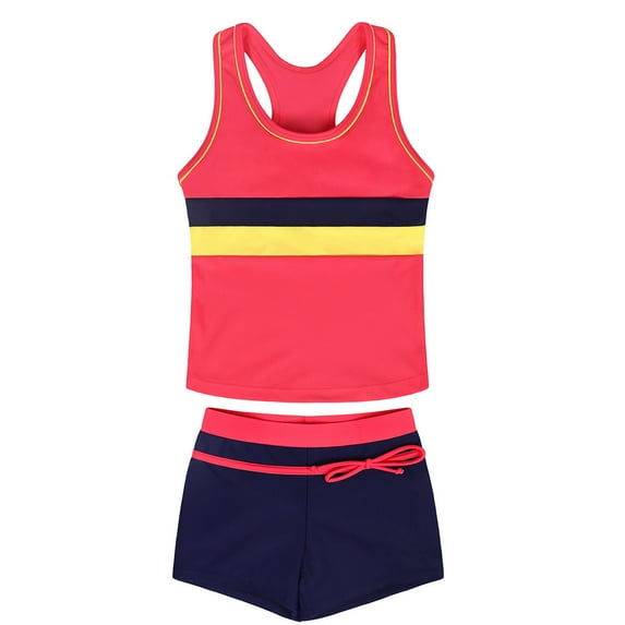 Cowsor 6-17 Years Girls Two Piece Swimsuit Set Striped Color Block Quick Dry Swimwear Casual Sporty Bathing Suit for Beach Vacation