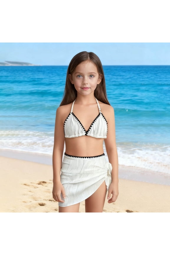 8-16Years Big Girls Three Piece Swimsuit Set Color Block Spaghetti Strap with Mesh Skirt UV Protection Comfortable Swimwear