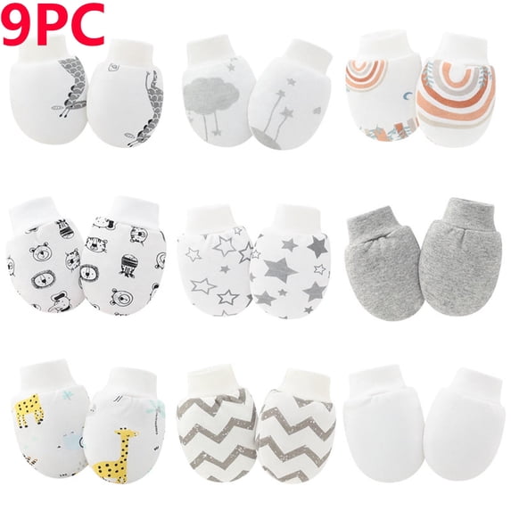 Cowsor 9 PCS Newborn Anti Scratch Mittens Cute Random Print Baby Gloves Protective Hand Covers for 0-12 Months