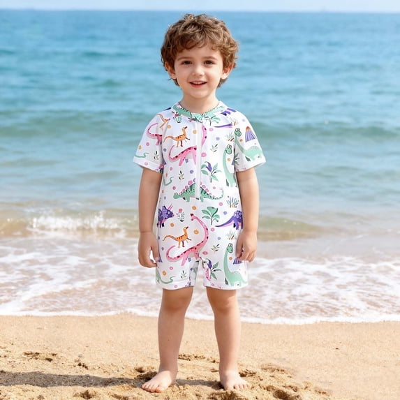 Cowsor Baby Boys One Piece Swimsuit Cute Print Half Placket Design Quick Dry UV Protection Swimwear for Toddlers Summer Beach Pool Activities