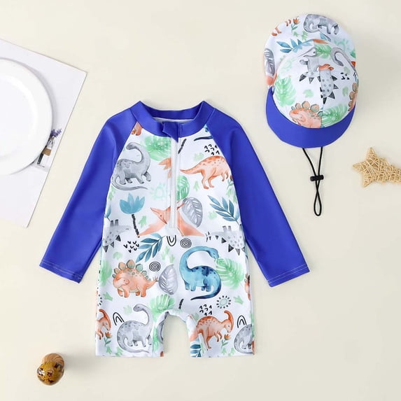 Cowsor Baby Boys One Piece Swimsuit Cute Print Half Placket Design with Swim Cap Quick Dry UV Protection Swimwear for Summer Beach Pool Fun