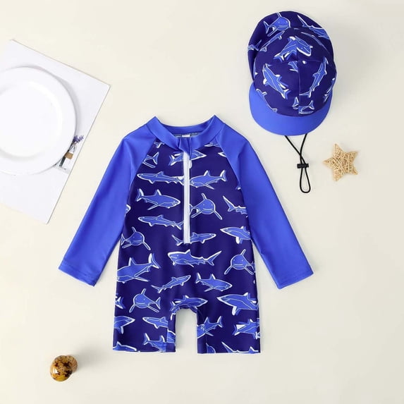 Cowsor Baby Boys One Piece Swimsuit Cute Print Half Placket Design with Swim Cap Quick Dry UV Protection Swimwear for Summer Beach Pool Fun
