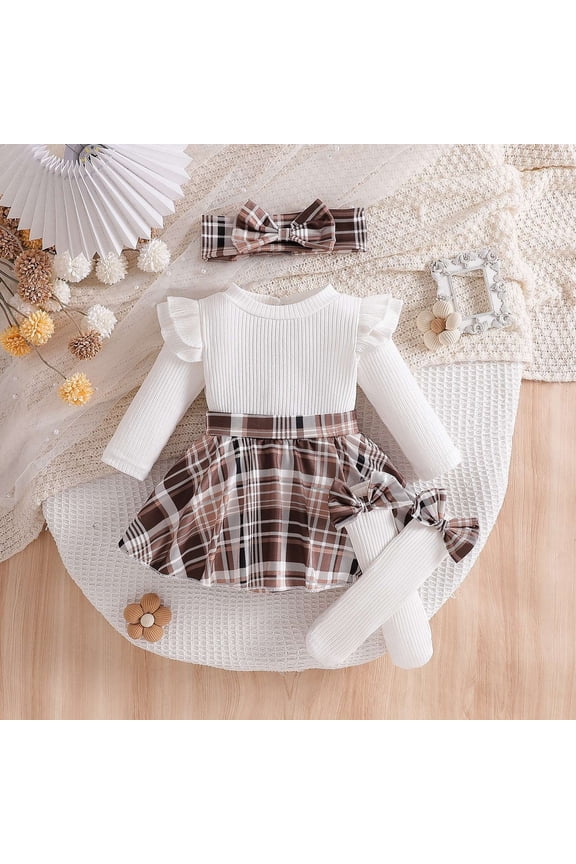 Baby Girls Fall Winter Set 1 to 18 Months Plaid Print Long Sleeve Ruffle Dress Bow Decor Headband Socks 3 Piece Set Crew Neck Cute Toddler Outfit