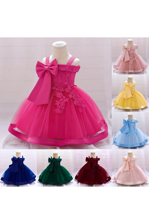 Baby Girls Sleeveless Beaded Flower Princess Dress Bow Embroidered Tulle Gown Baptism Party Outfit for 6 Months-3 Years Old