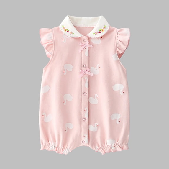 Cowsor Baby Girls Swan Printed Cotton Short Sleeve Ruffle Romper Lightweight Summer Onesie for 0-24 Months