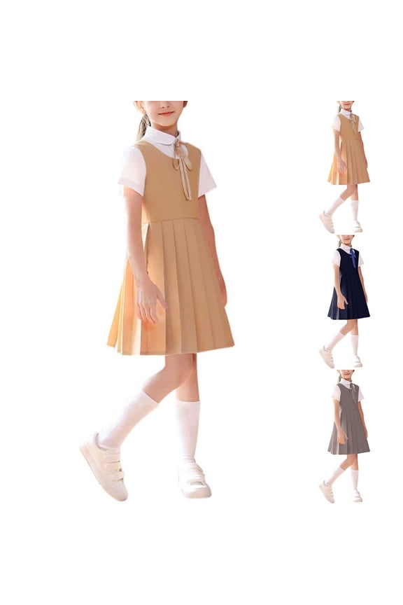 Big Girls Back to School Set 3 to 15 Years Solid Short Sleeve Collared Top Sleeveless Dress with Bow 3 Piece Preppy Uniform for Classroom Wear
