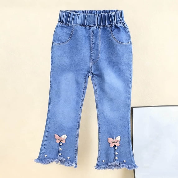 Cowsor Big Girls Butterfly Pearl Flare Slim Fit Jeans Spring Casual Elastic Waist Denim Long Pants Outdoor Wear Bottoms For 4-12 Years Old