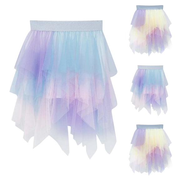 Cowsor Big Girls Color Block Asymmetrical Tulle Skirt Flowy Casual Party Skirt for Daily Use