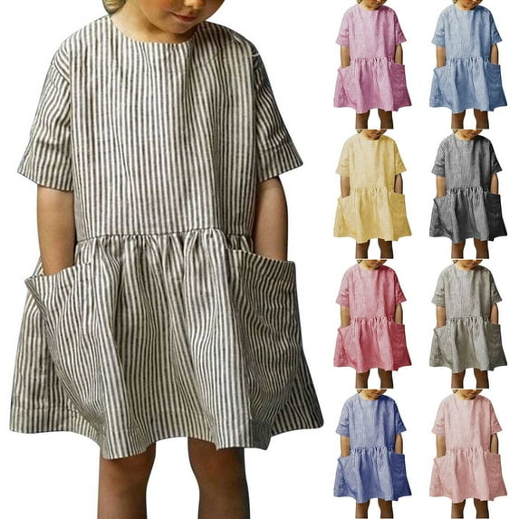 Cowsor Big Girls Cotton Linen Striped Crewneck Short Sleeve Dress with Pocket Casual Summer Sundress for Daily Use