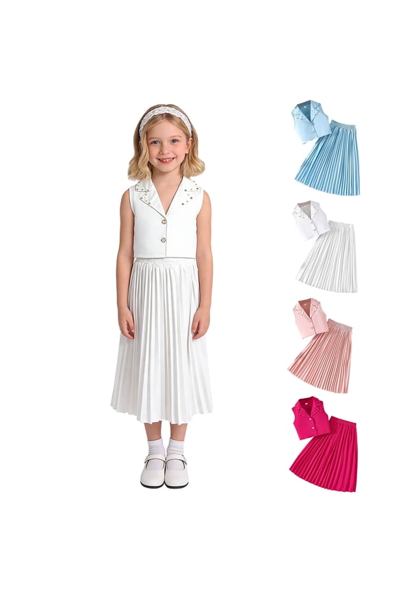 Big Girls Fashion Suit Set Lapel Sparkle Top Solid Pleated Skirt 2 Piece Outfit Elegant Casual Wear for School Party Holiday Special Occasions