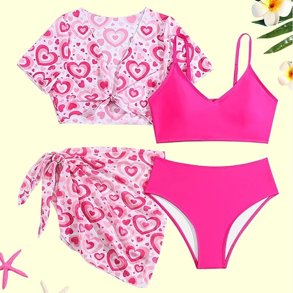 Cowsor Big Girls Four Piece Swimsuit Set Heart Print with Cover Up Cute Modest Swimwear UV Protection Comfortable Bathing Suit for Beach Pool Activities