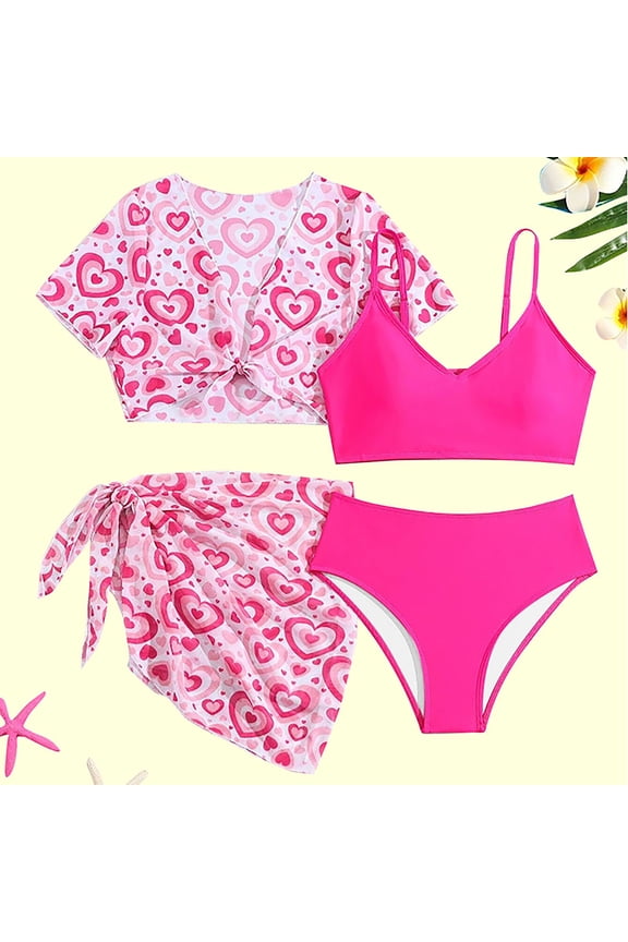 Big Girls Four Piece Swimsuit Set Heart Print with Cover Up Cute Modest Swimwear UV Protection Comfortable Bathing Suit for Beach Pool Activities