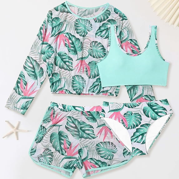 Cowsor Big Girls Four Piece Swimsuit Set Printed Design with Long Sleeve Cover Up Stylish Modest Swimwear UV Protection for Summer Beach Vacation