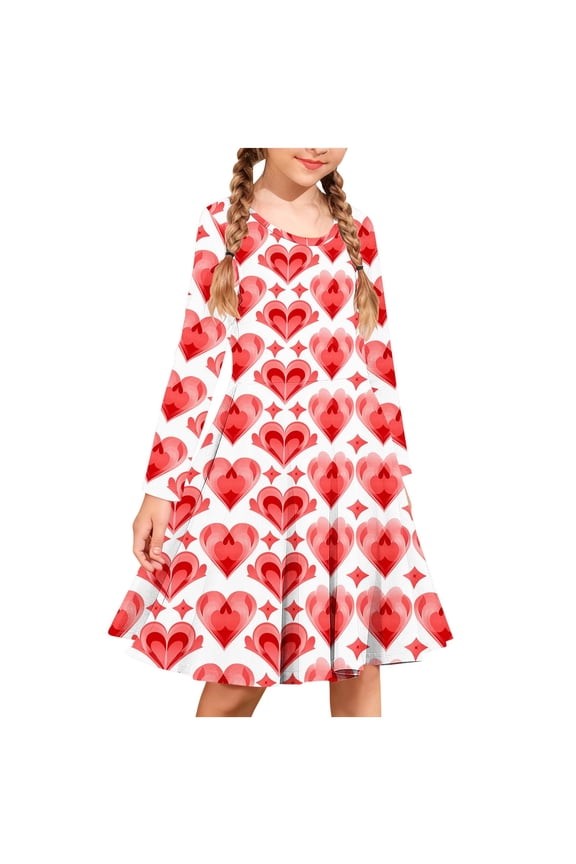 Big Girls Long Sleeve Round Neck Dress Valentine Print Comfortable Stretch Fabric Ballet Practice Outfit for 4 to 14 Years Old Kids Dance Class Training