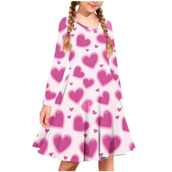 Cowsor Big Girls Long Sleeve Round Neck Dress Valentine Print Comfortable Stretch Fabric Ballet Practice Outfit for 4 to 14 Years Old Kids Dance Class Training